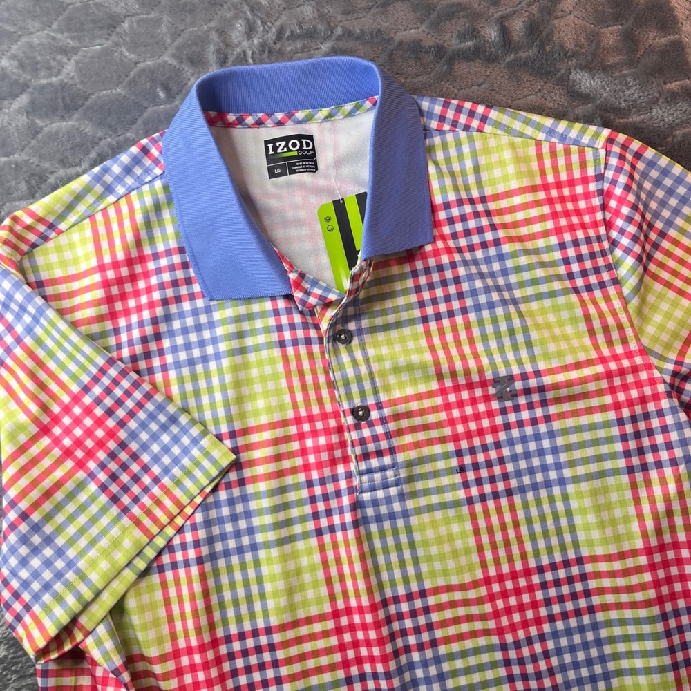 IZOD Golf Mens Large Polo Shirt Multicolor Plaid Gingham Short Sleeve NWT